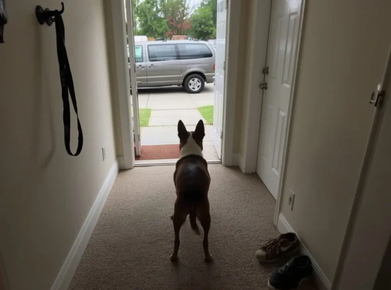Dog tense in a familiar hallway