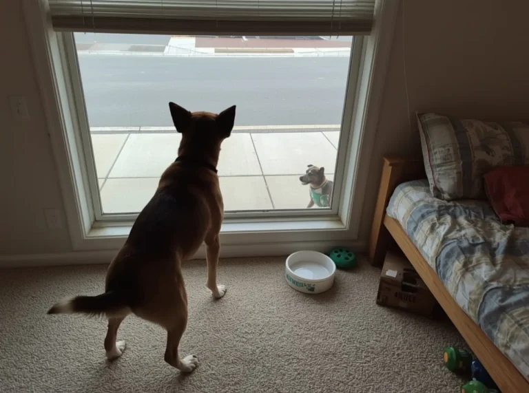 Watchful dog standing near a window