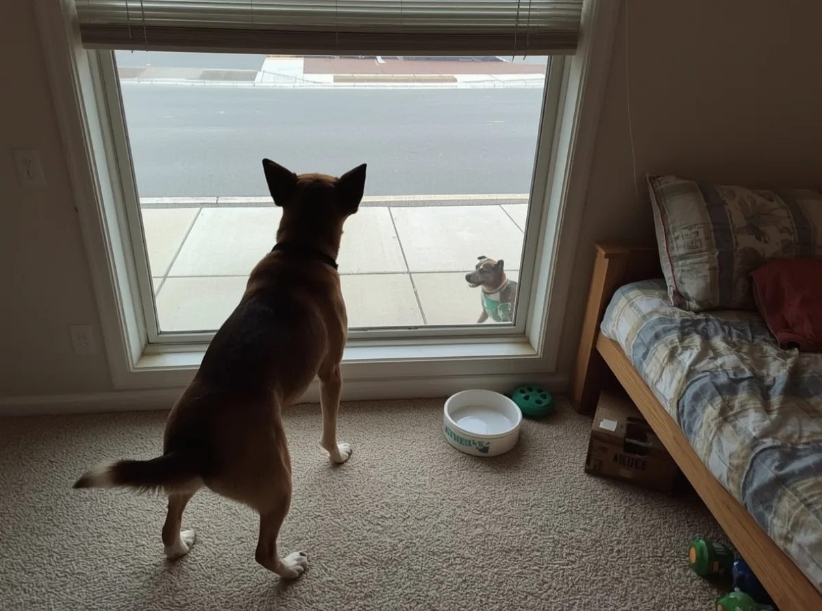 Watchful dog standing near a window