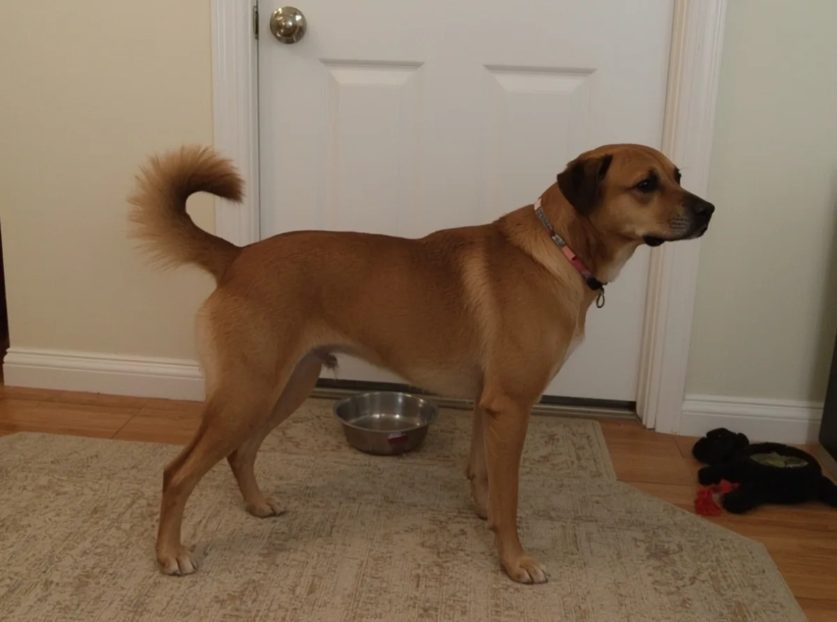 Dog with expressive tail posture in a home setting