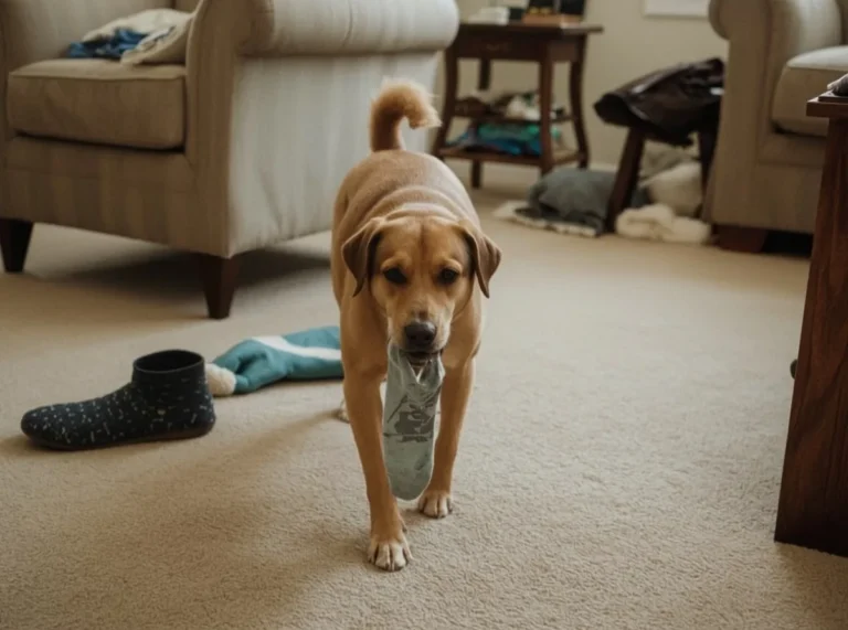 Dog carrying a random sock toward the owner