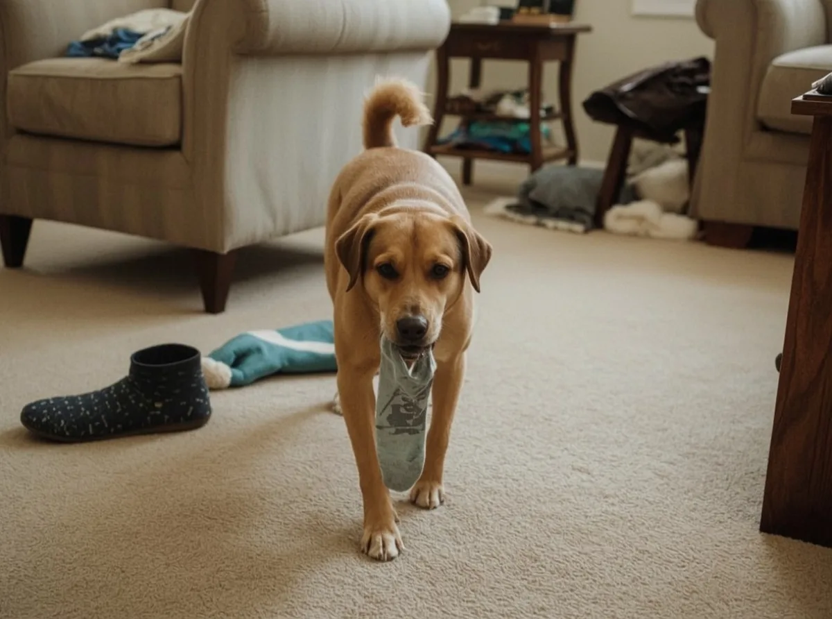 Dog carrying a random sock toward the owner