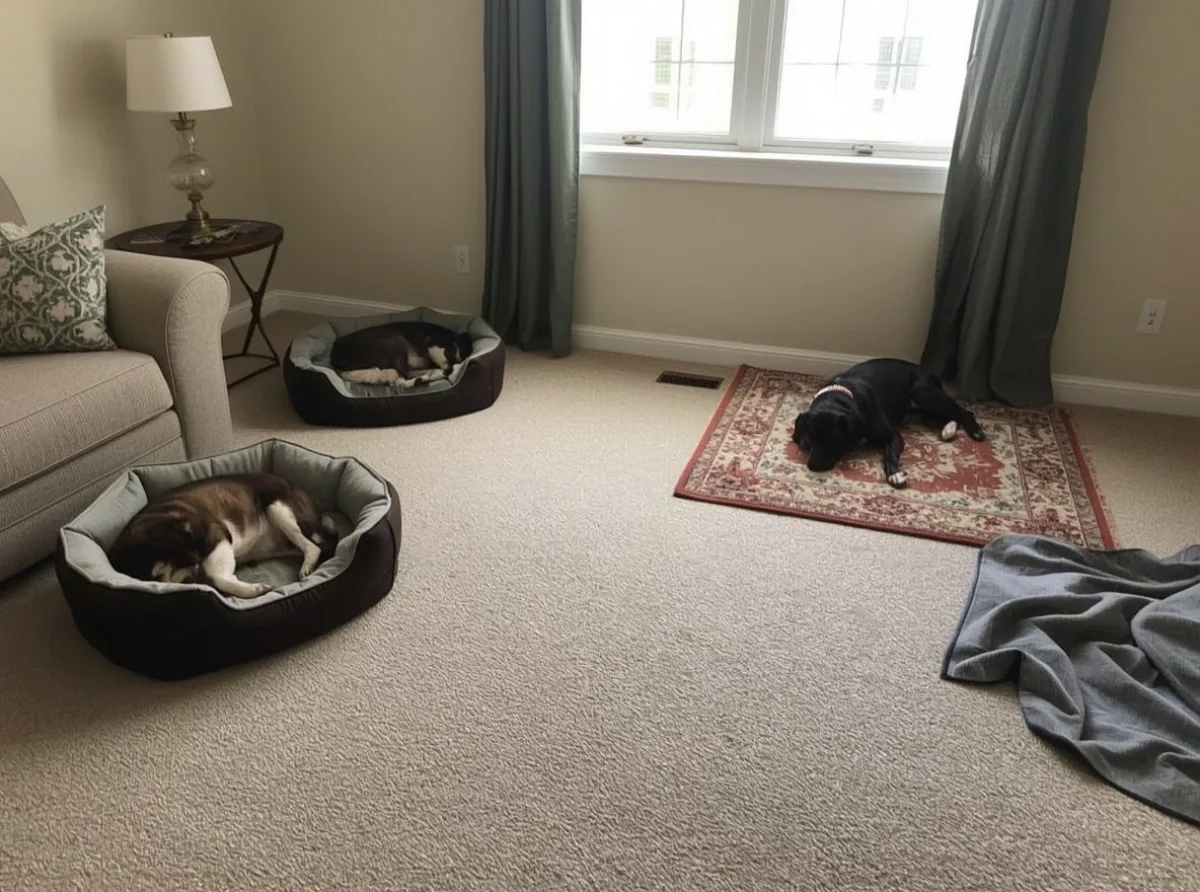 Dog resting in several different spots at home