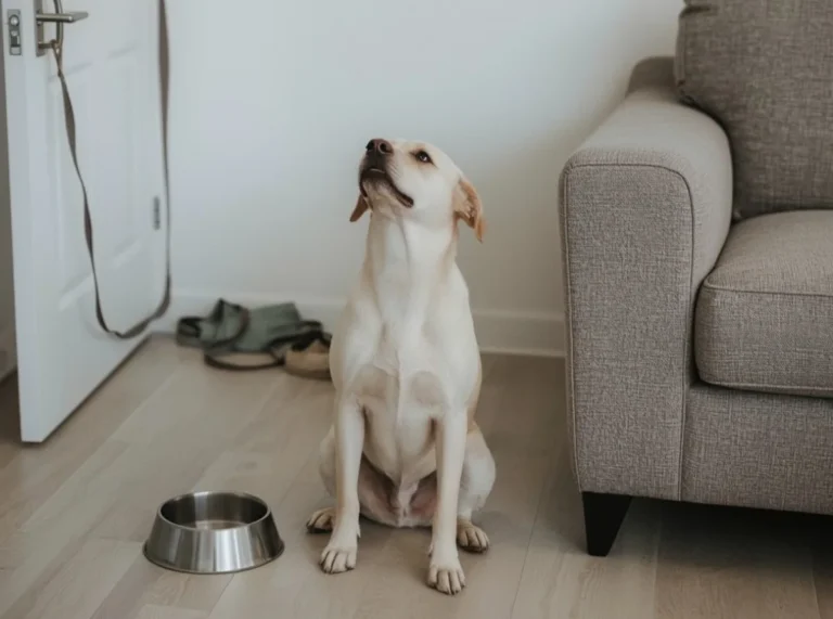 Dog looking up at a person’s face