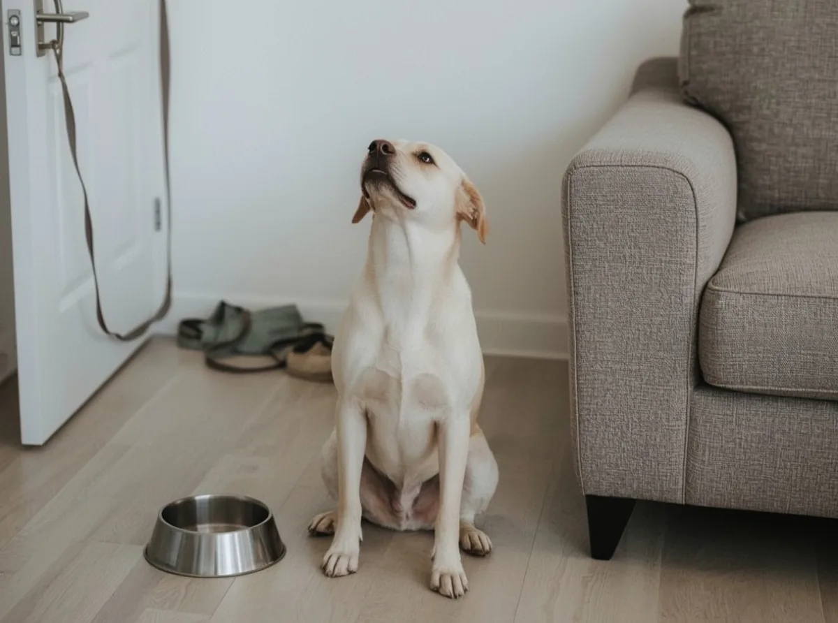 Dog looking up at a person’s face
