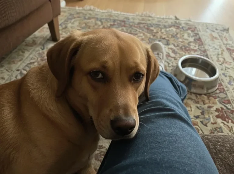 Dog leaning against owner on a living room floor