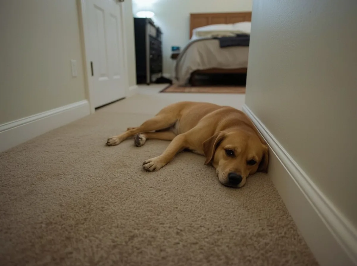 Dog resting beside a wall corner