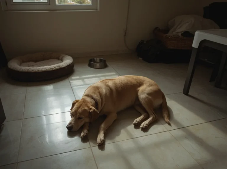 Dog resting on a cool tile floor