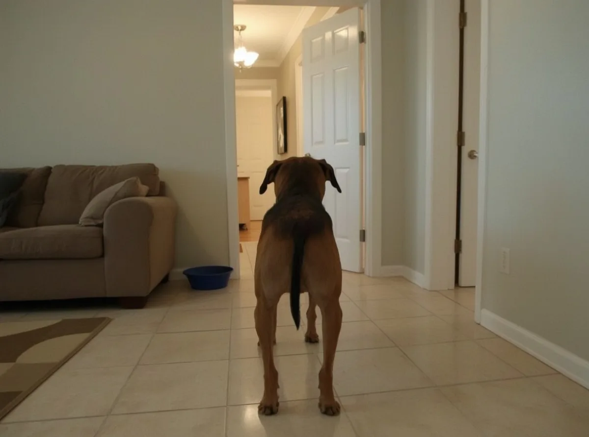 Nervous dog indoors near doorway