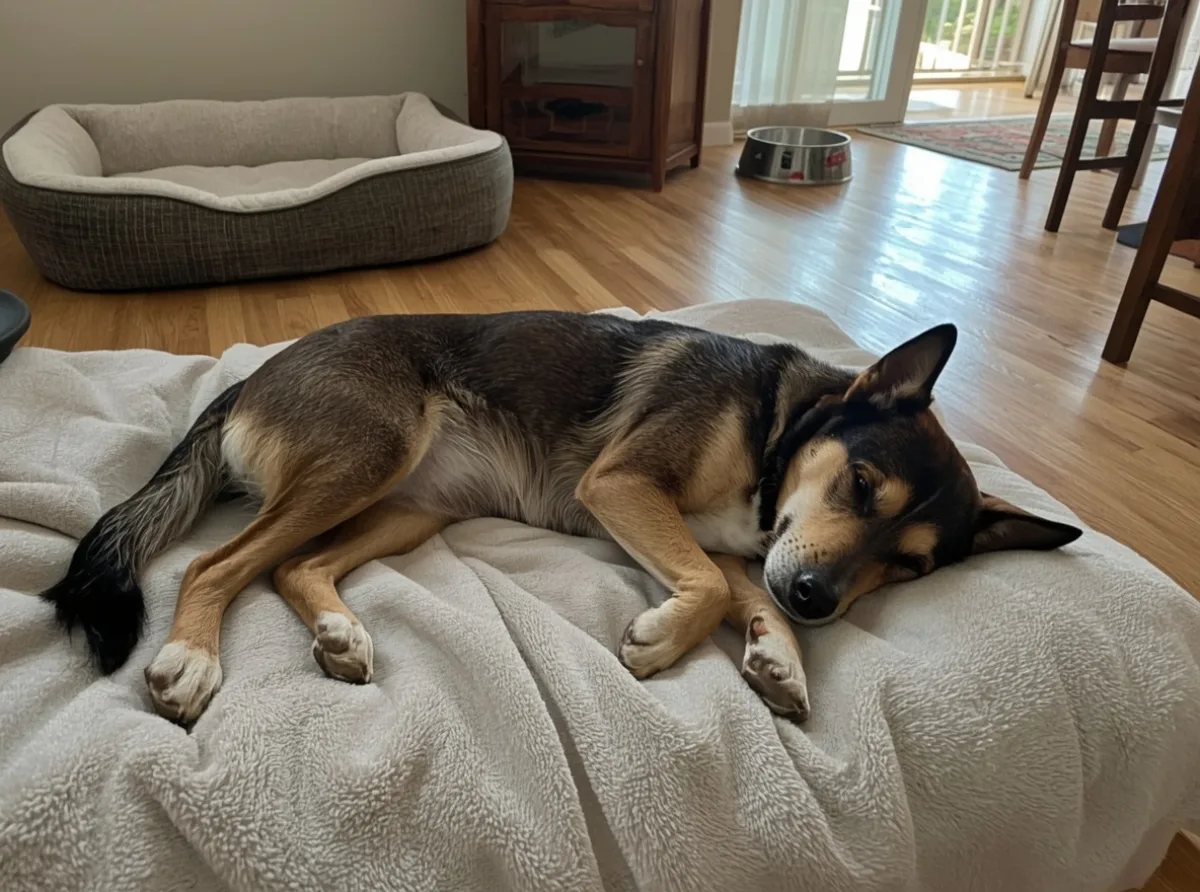 Dog sleeping peacefully on a blanket