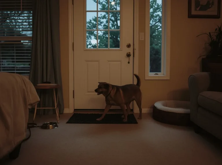Dog pacing near a window at dusk