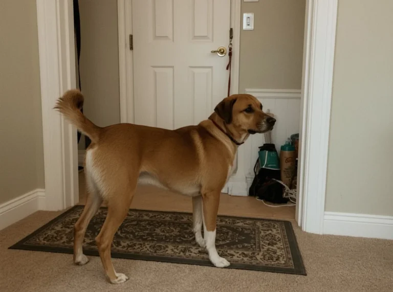 Dog with slow wagging tail near doorway