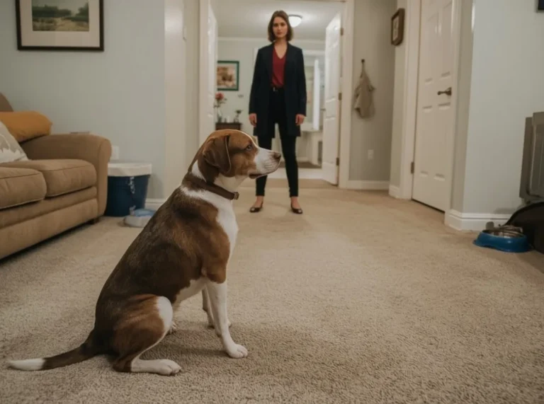 Dog watching one person near a doorway