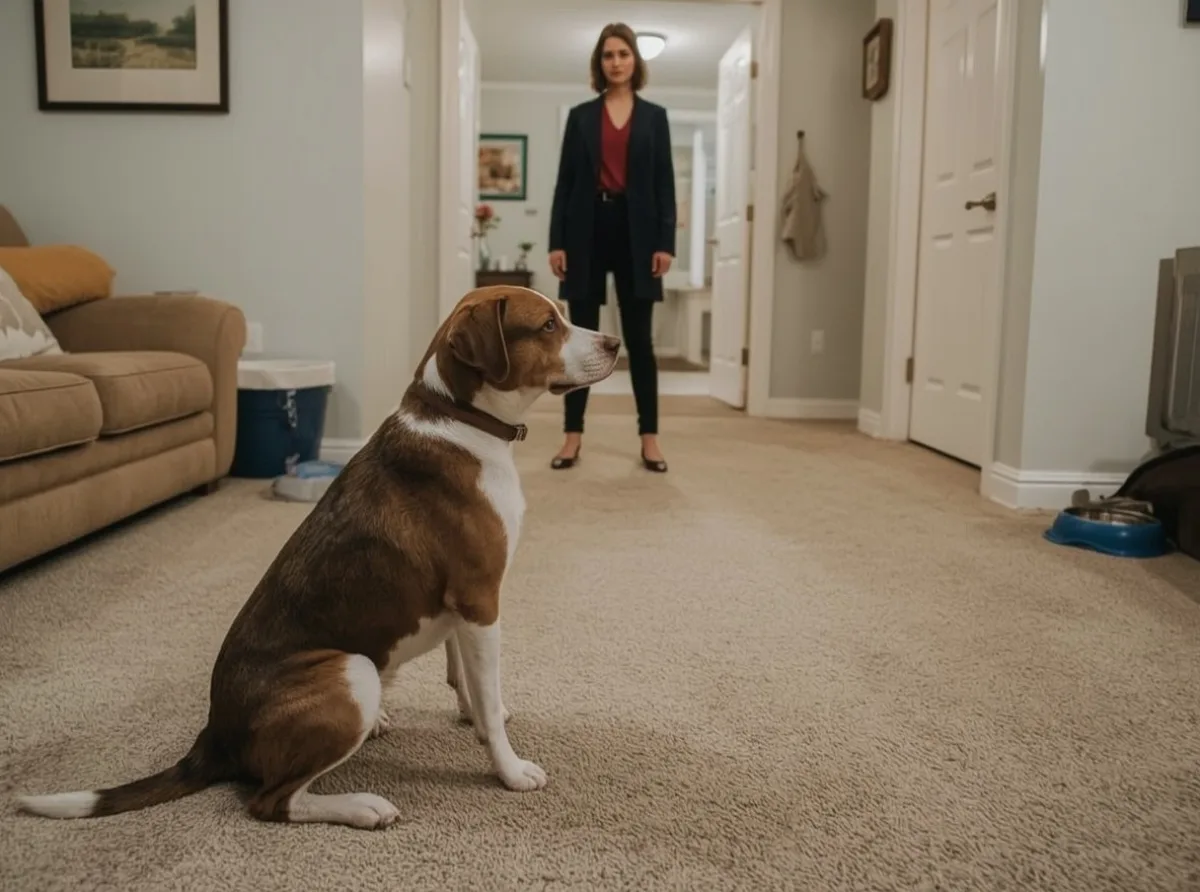 Dog watching one person near a doorway