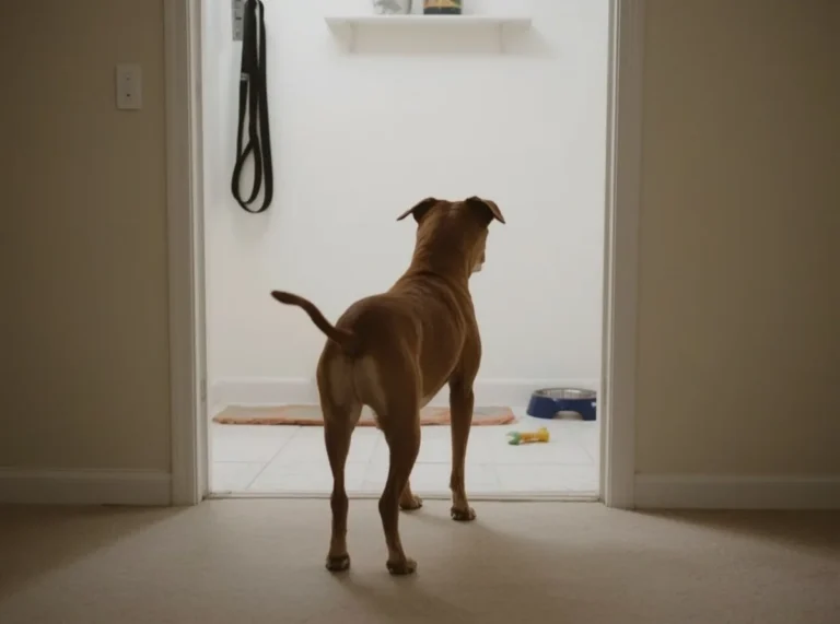 Dog freezing and watching near a doorway