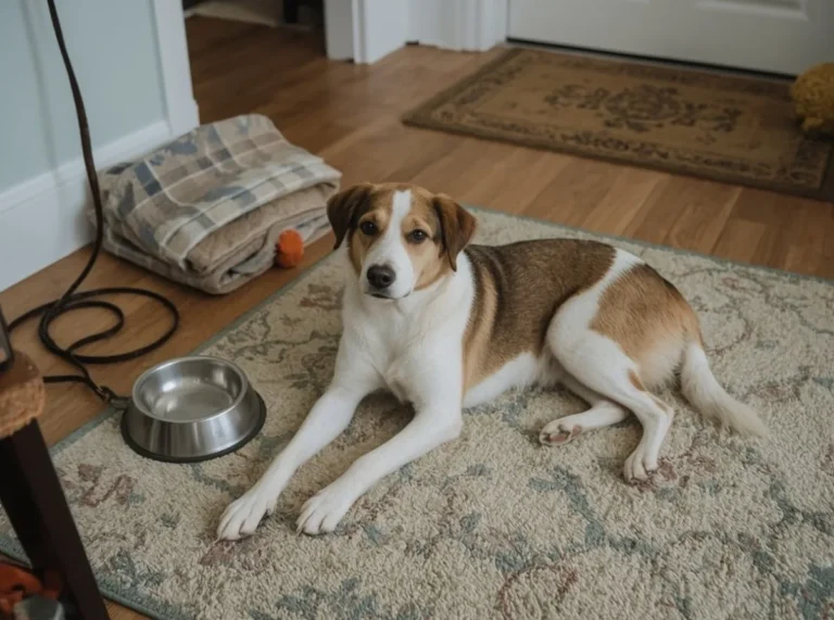 Calm dog resting beside a familiar routine