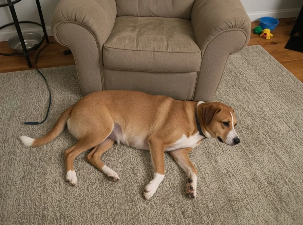 Calm dog resting beside owner