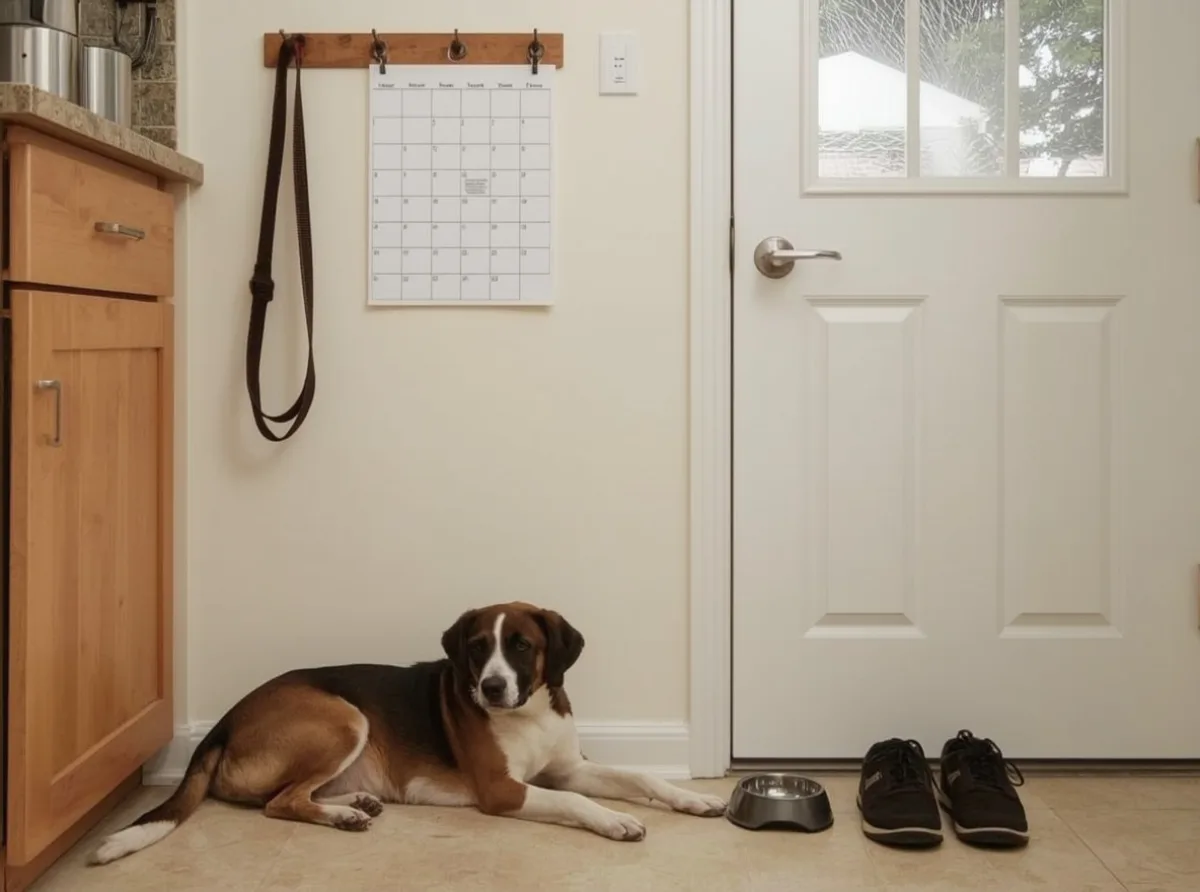 Dog resting beside a daily routine calendar