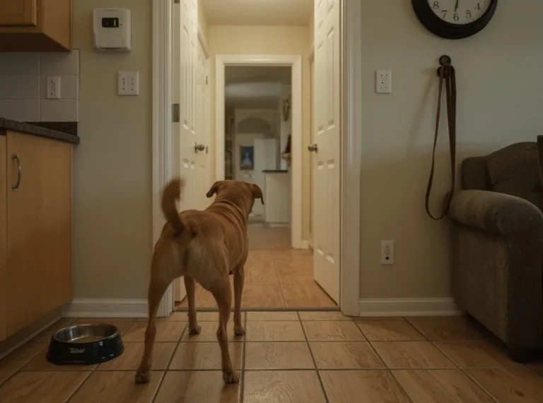 An anxious dog watching an empty hallway