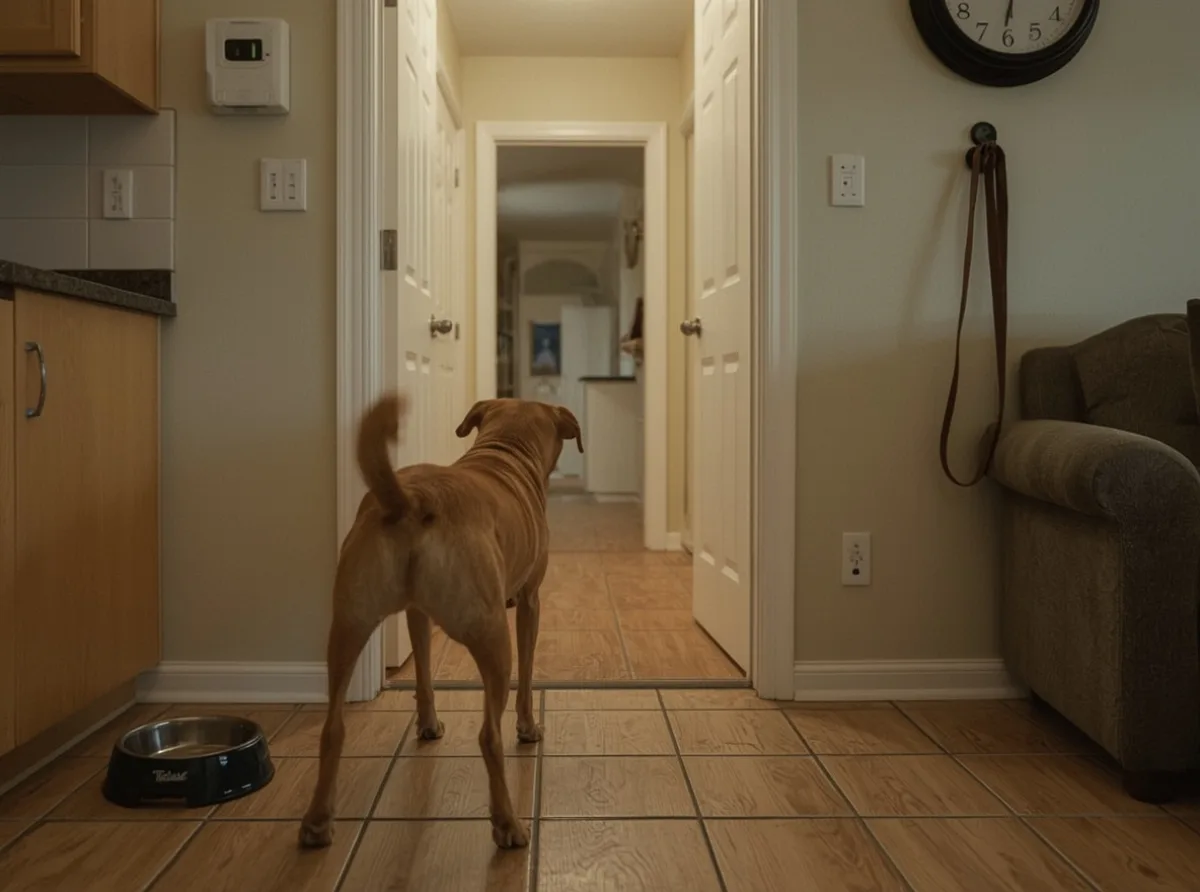 An anxious dog watching an empty hallway