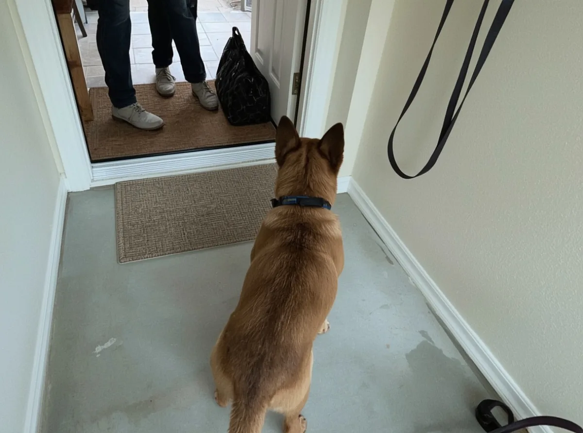 Alert dog watching a visitor at the front door