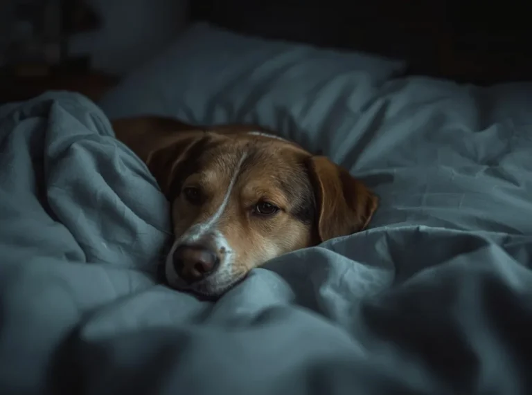 Dog sleeping beside owner in a quiet bedroom