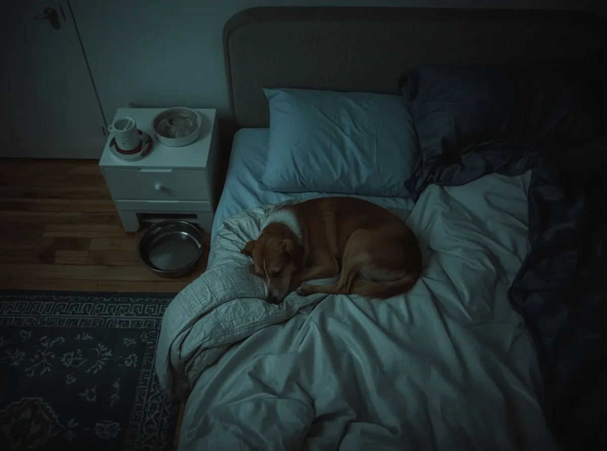 Dog sleeping close beside a human bed
