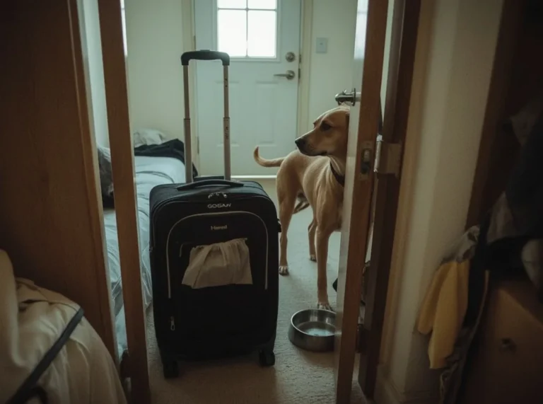 Dog staying close beside a suitcase in a new room