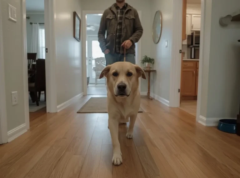 Dog quietly following owner through a home