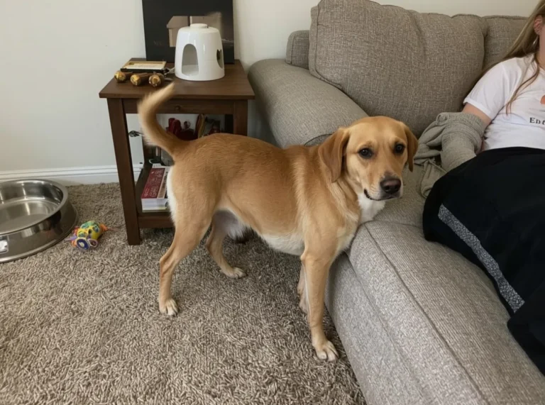 Dog leaning against a person’s leg