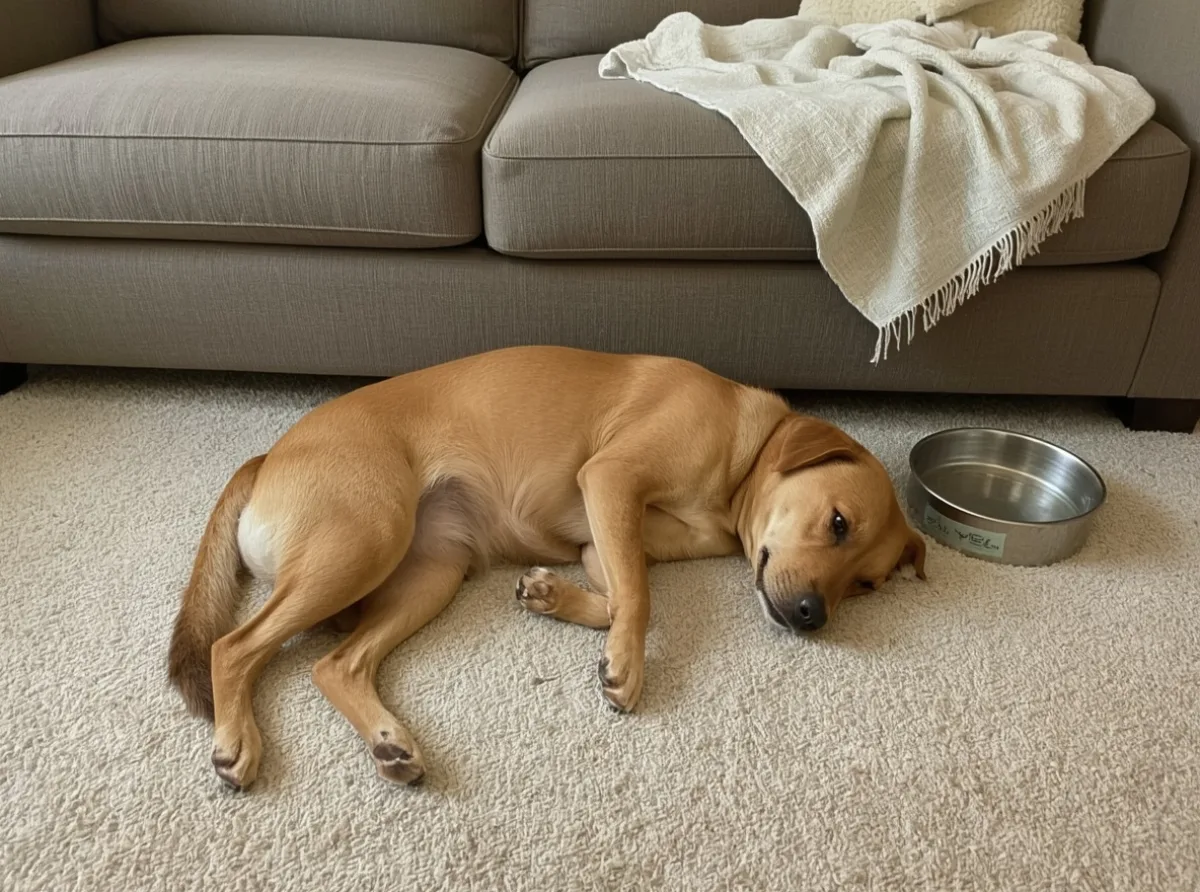 Dog lying on side beside a couch