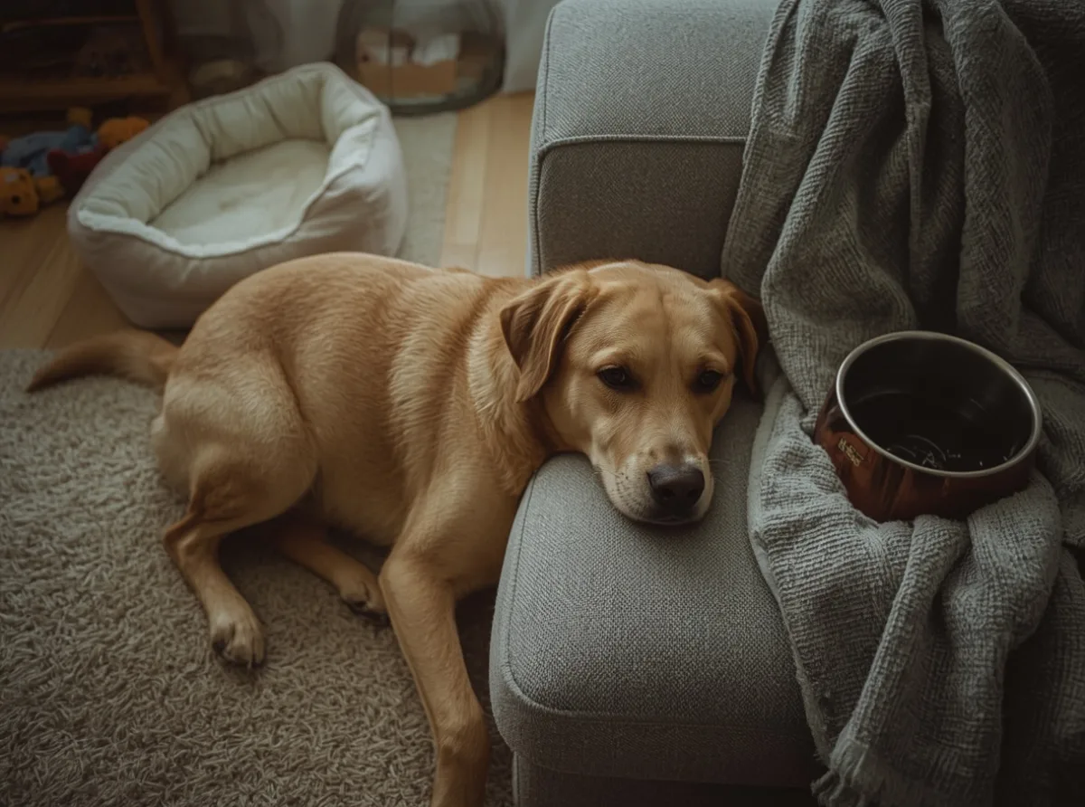 Dog leaning against a sofa for comfort