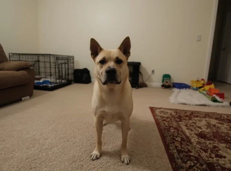 Tense dog standing alert indoors
