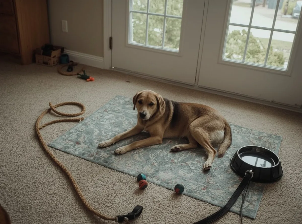 Dog resting beside toys after a busy day