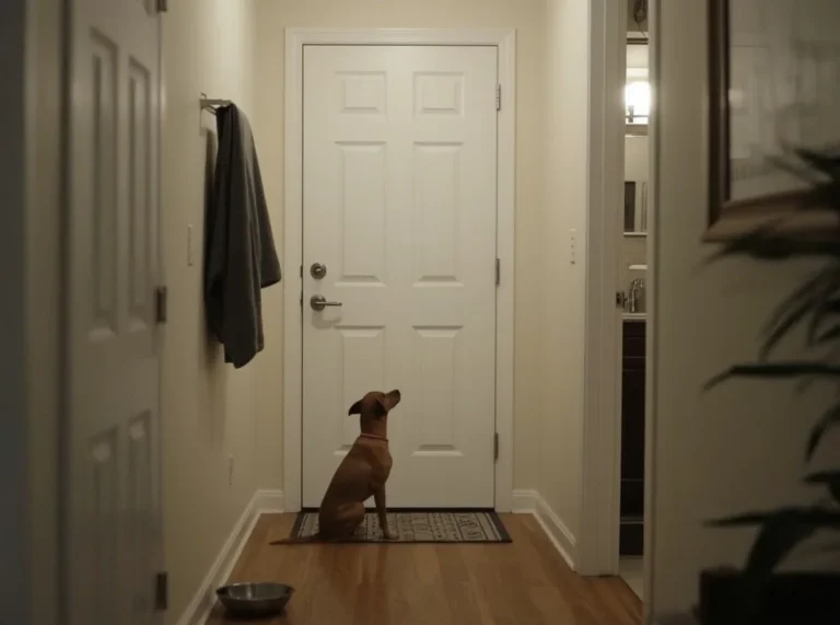 Dog waiting outside a bathroom door