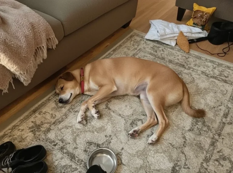 Dog stretching after waking on a rug