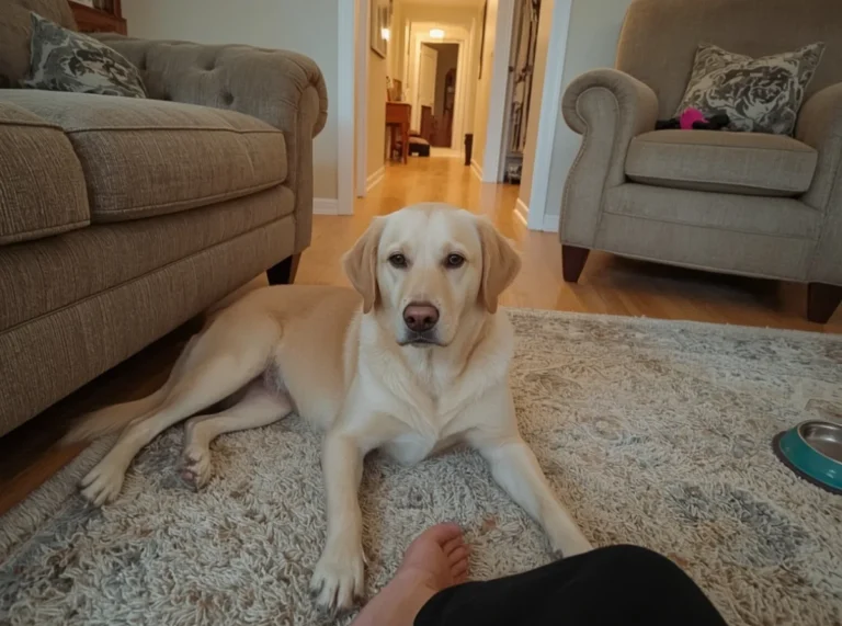 Dog resting close beside owner’s chair