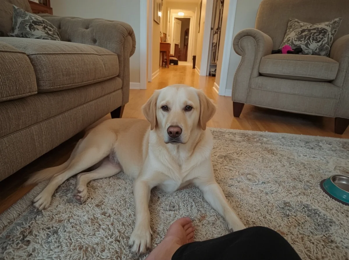 Dog resting close beside owner’s chair