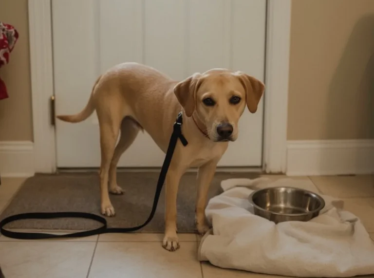 Dog looking away from a person calmly