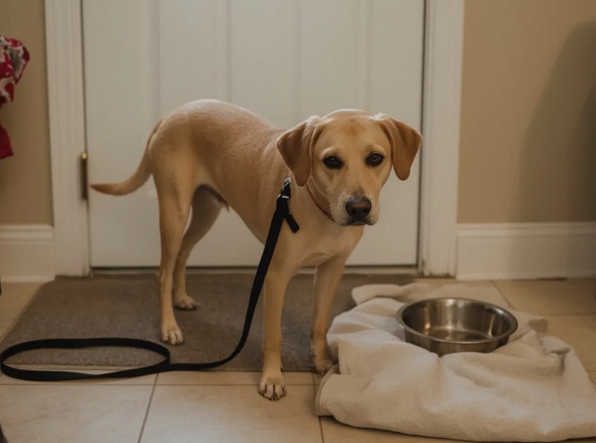 Dog looking away from a person calmly