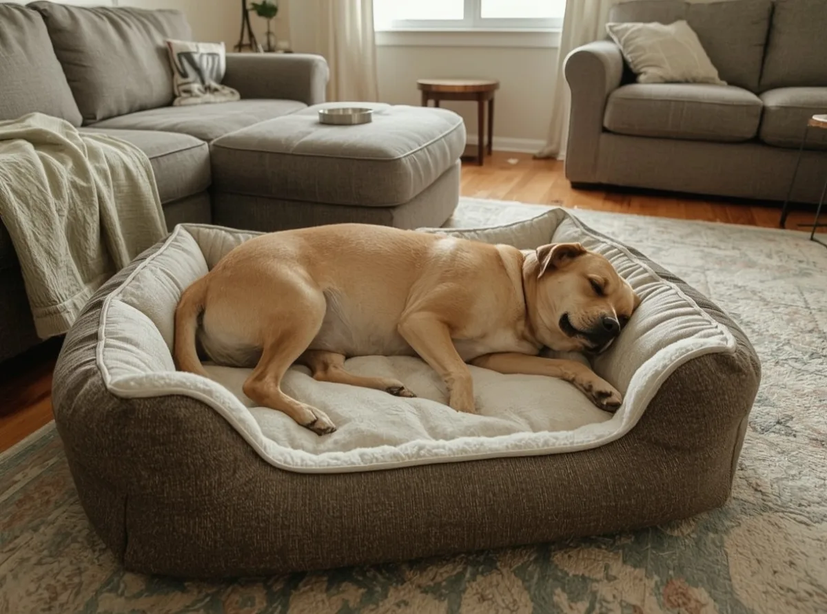 Dog sleeping comfortably in a familiar living room