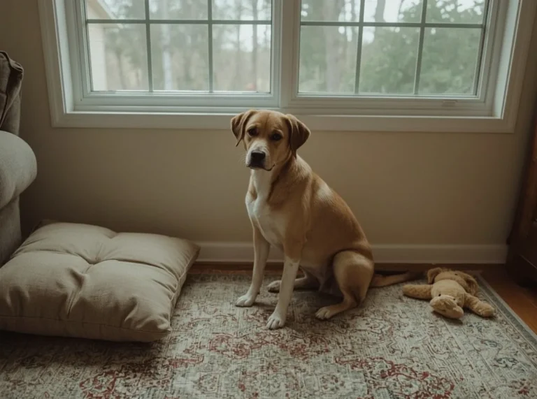 Dog sitting in the same spot by a window