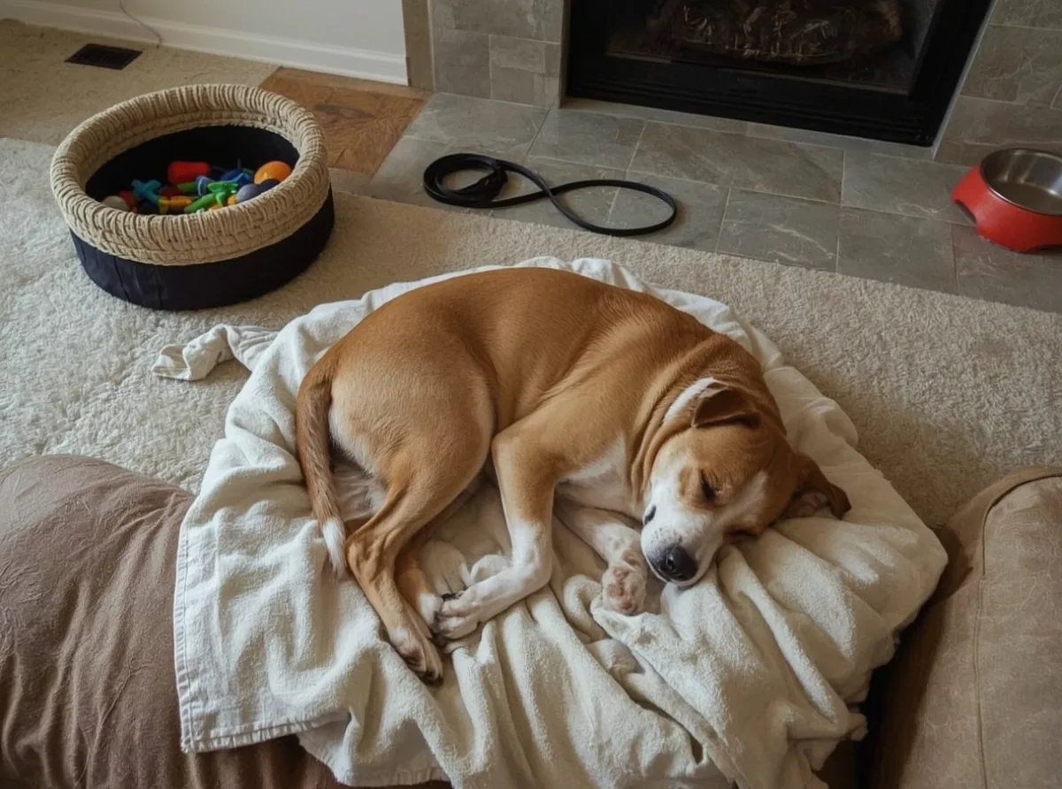 Dog resting deeply after an exciting day