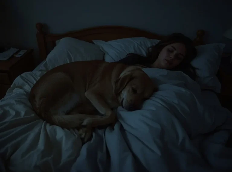 Dog sleeping beside a person on a bed