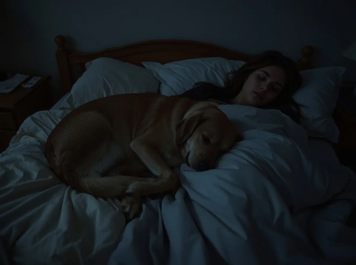 Dog sleeping beside a person on a bed