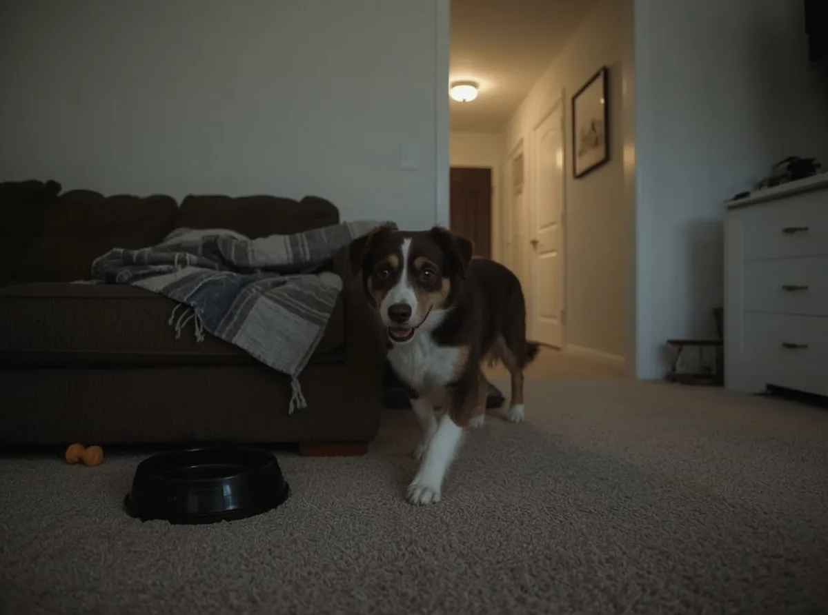 Restless dog pacing in a quiet living room