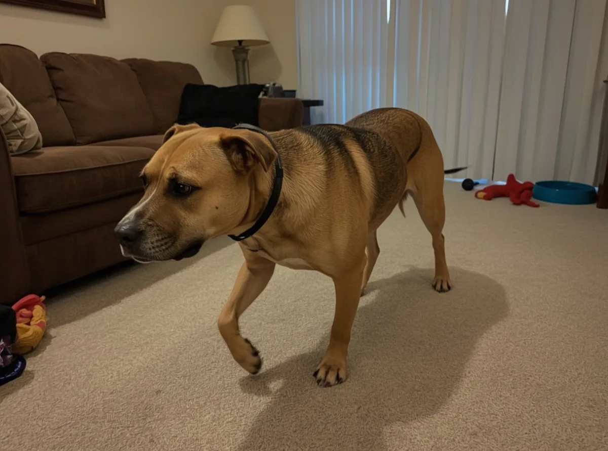 An alert dog pacing in a quiet living room