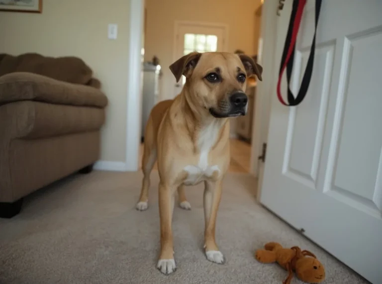 Wide-eyed dog looking alert indoors
