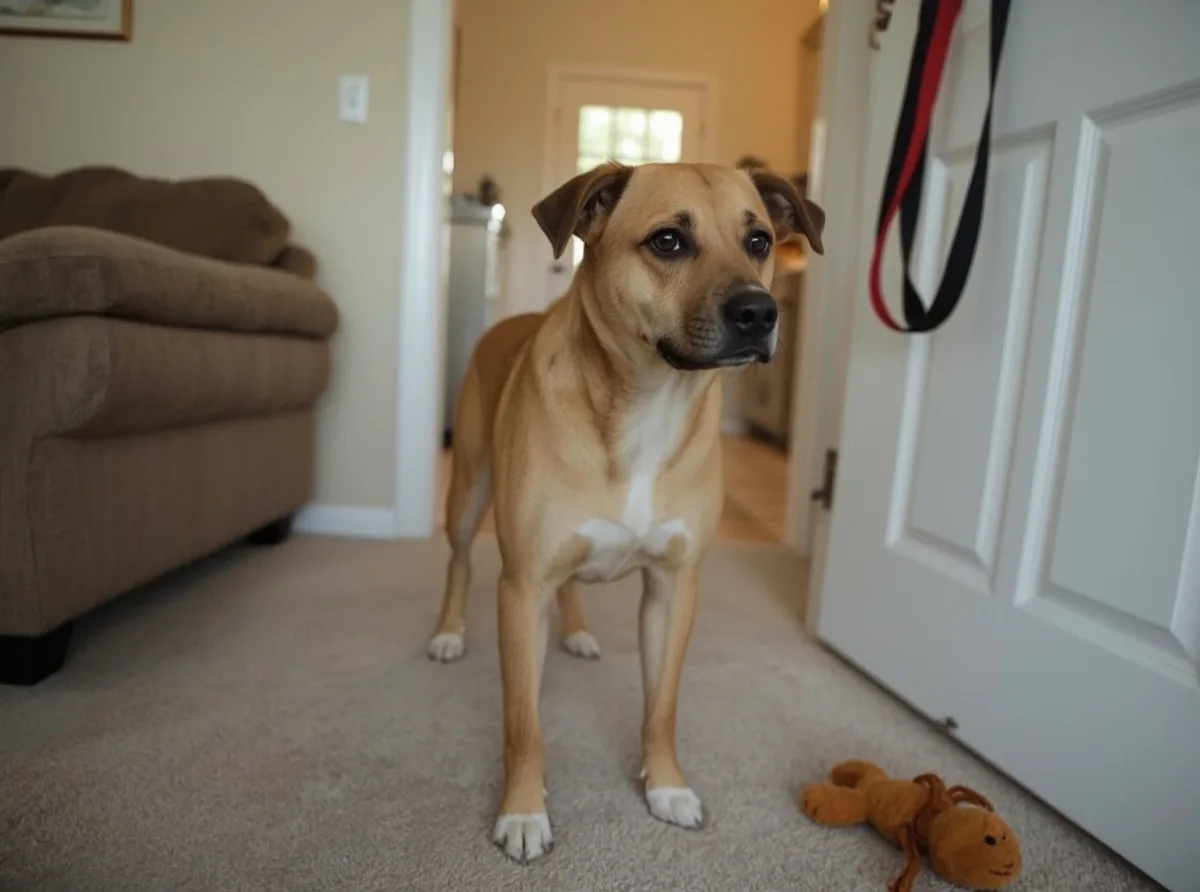 Wide-eyed dog looking alert indoors