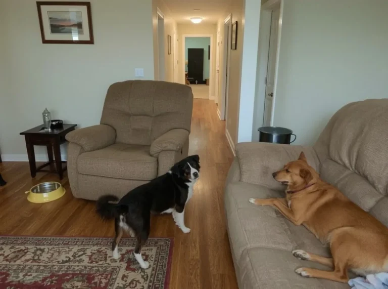 Dog resting closely beside a living room sofa